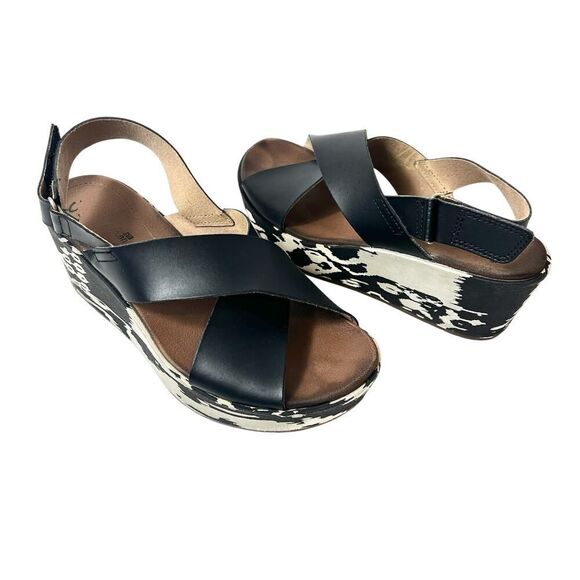 Clarks Collection Sandals Black Leather Sling Back Open Toe Wedge Women's Sz 7 W - Picture 4 of 12